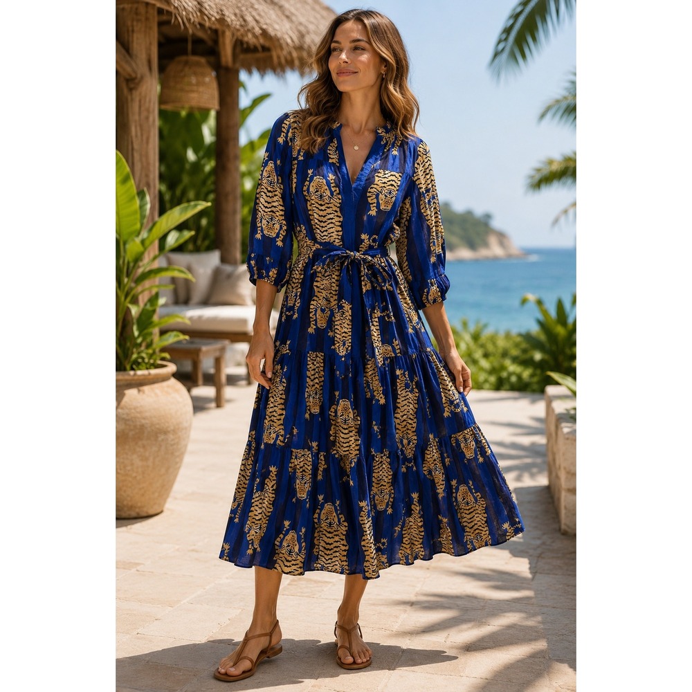 The Roots Tiger Animal Print Leopard Safari Resort Womens Blue Dress S Tie Boho